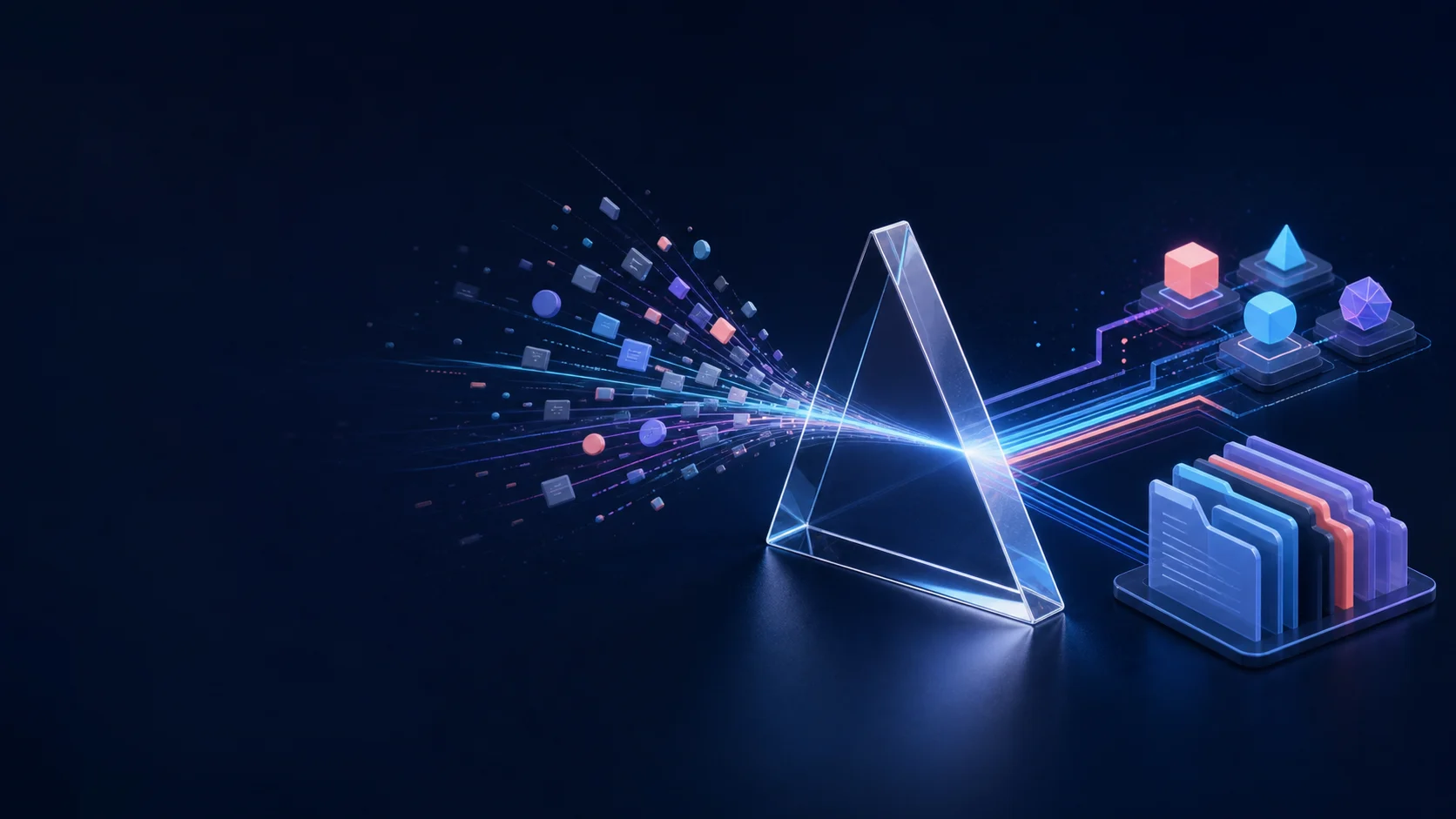 A glass prism transforms repository fragments into a small team of colorful project outputs.